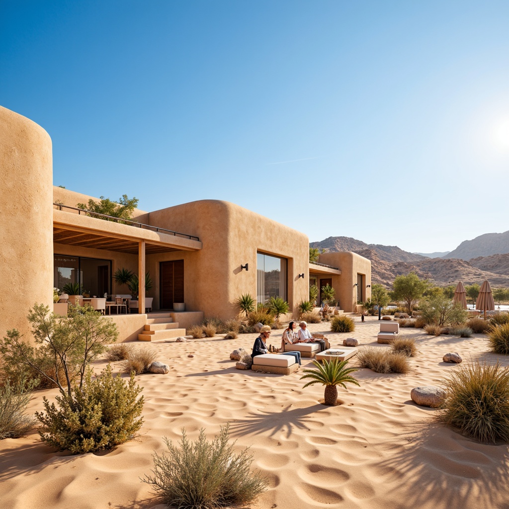 Prompt: Desert landscape, sandy dunes, cactus plants, hot sunny day, clear blue sky, vast open space, eco-friendly desert architecture, rammed earth buildings, recycled metal structures, low-carbon concrete, bamboo roofing, solar panels, wind turbines, water conservation systems, green roofs, natural ventilation systems, shaded outdoor spaces, misting systems, organic curved lines, earthy color palette, textured stone walls, reclaimed wood accents, Arabic-inspired patterns, vibrant colorful textiles, intricate geometric motifs.