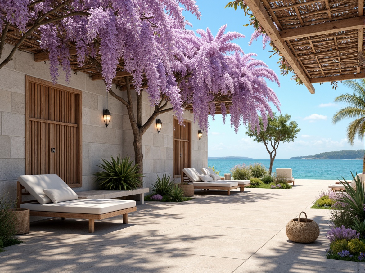 Prompt: Soft pastel hues of wisteria, calming beach atmosphere, driftwood accents, weathered stone walls, ocean-inspired blues and greens, sandy neutrals, sea salt textures, natural fiber thatching, rustic wooden decks, nautical ropes, distressed finishes, warm sunny day, soft warm lighting, shallow depth of field, 1/1 composition, realistic renderings, ambient occlusion.Please let me know if this meets your requirements!