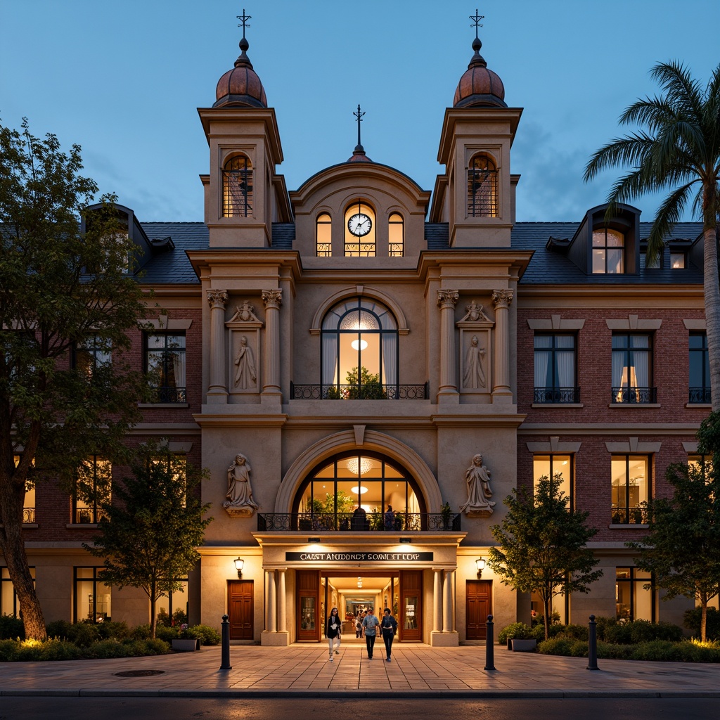 Prompt: Grandiose cinema academic building facade, ornate stone carvings, majestic columns, grand entrance archways, intricate moldings, symmetrical composition, classical architecture, rustic brick walls, terracotta roof tiles, ornamental clock towers, dramatic spotlights, warm golden lighting, cinematic camera angles, 1/2 composition, realistic textures, ambient occlusion.Please let me know if this meets your requirements.