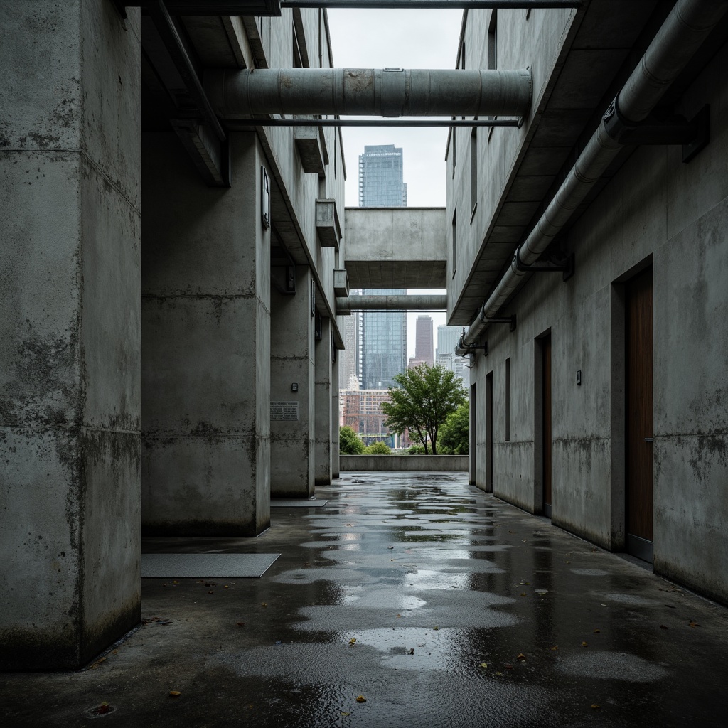 Prompt: Rugged concrete walls, brutalist architecture, raw unfinished surfaces, exposed ductwork, industrial pipes, minimalist interior design, stark lighting, dramatic shadows, bold geometric shapes, poured-in-place concrete, weathered steel beams, urban aesthetic, downtown cityscape, rainy day, overcast sky, high-contrast photography, cinematic composition, shallow depth of field.