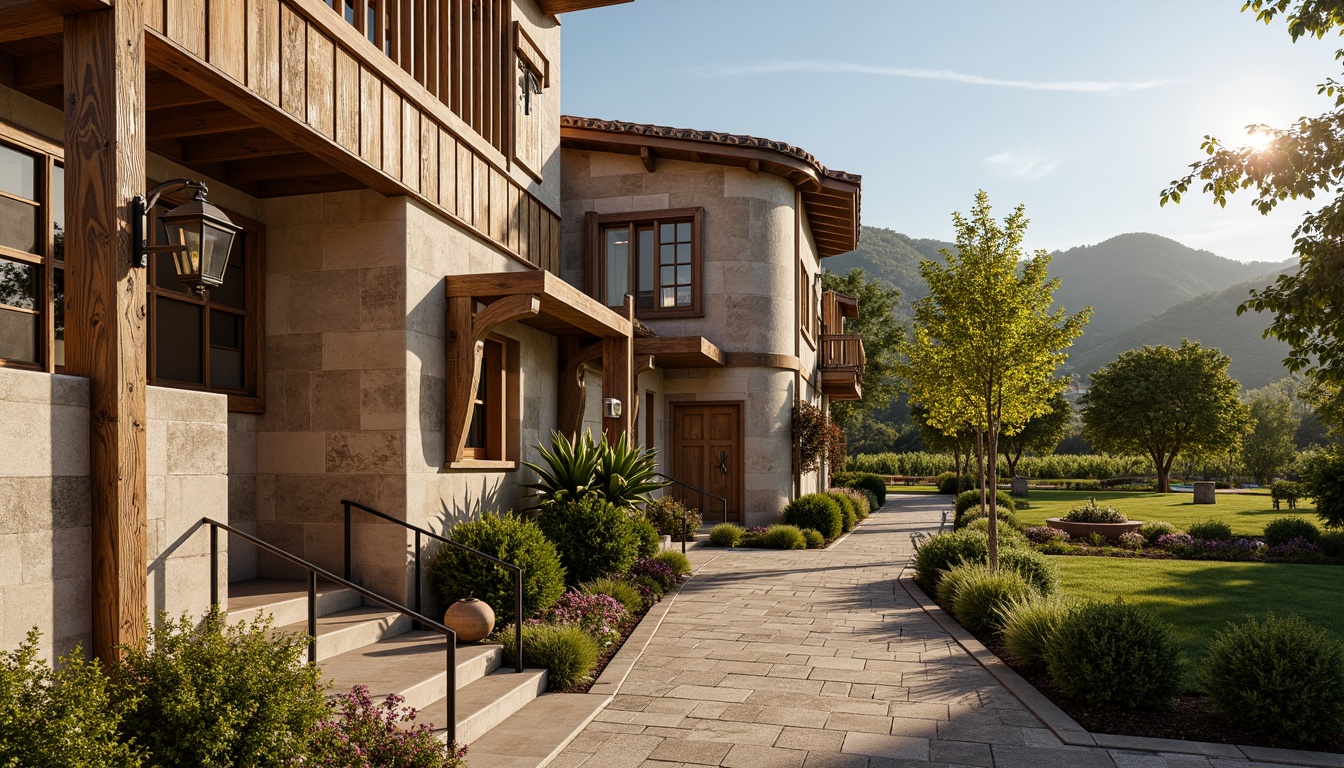 Prompt: Rustic winery facade, eclectic architecture, distressed stone walls, wooden accents, vintage metal lanterns, ornate ironwork, curved lines, asymmetrical composition, earthy color palette, terracotta rooftops, sprawling vineyards, lush greenery, sunny afternoon, warm golden lighting, shallow depth of field, 1/2 composition, rustic textures, ambient occlusion.