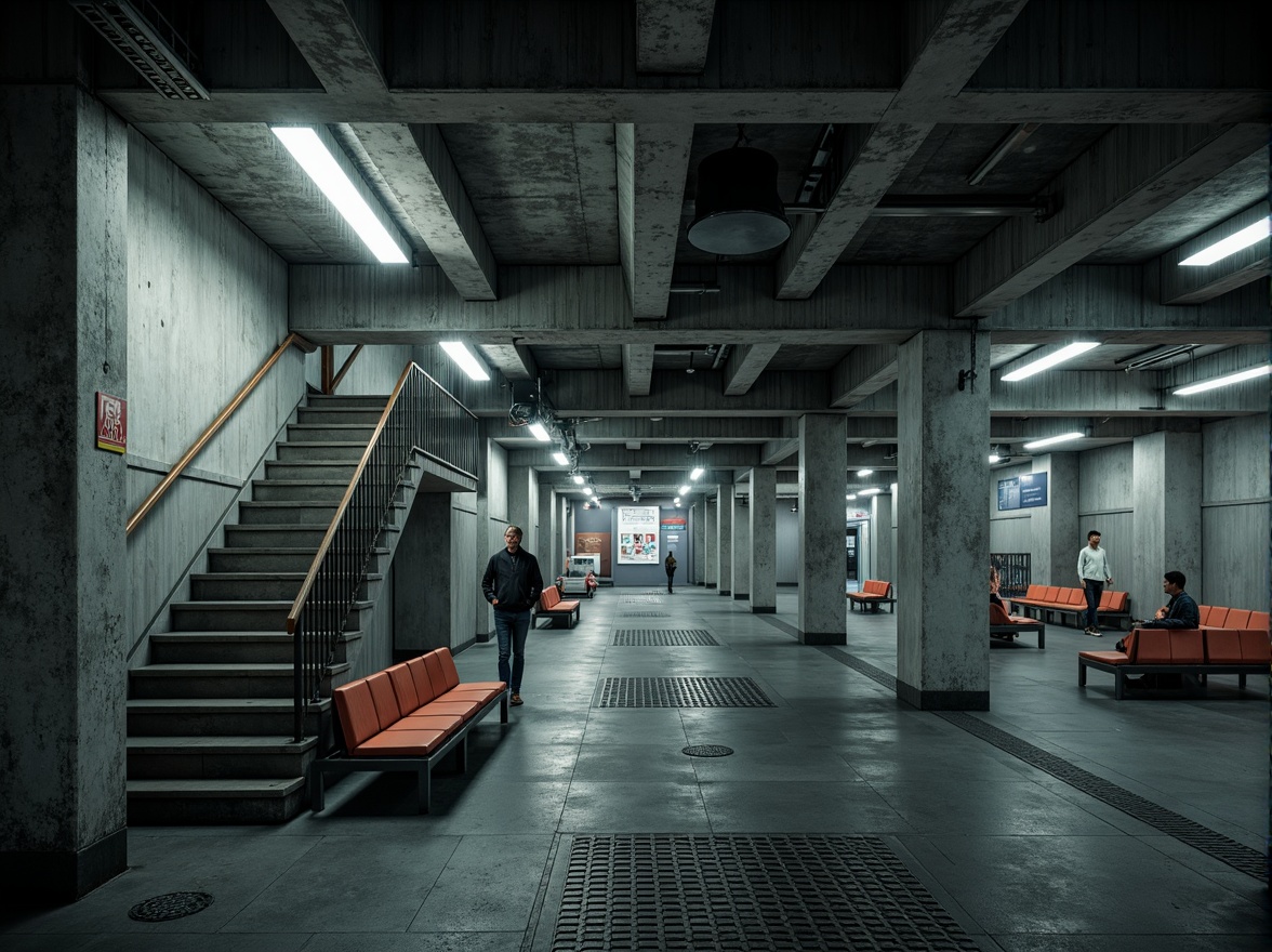 Prompt: Rugged bus station interior, exposed concrete walls, raw industrial materials, minimalist benches, harsh overhead lighting, functional staircases, utilitarian signage, geometric patterns on floor tiles, cold atmospheric color palette, dimly lit waiting areas, modernist architectural style, brutalist design elements, urban cityscape views, rainy day ambiance, shallow depth of field, 1/1 composition, realistic textures, ambient occlusion.