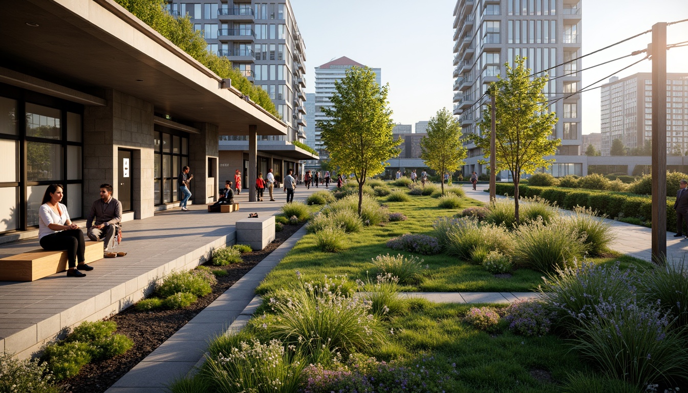 Prompt: Tranquil tram station, lush green roofs, verdant vegetation, natural insulation, stormwater management, urban heat island mitigation, air quality improvement, noise reduction, habitat creation, biodiversity enhancement, eco-friendly materials, sustainable design, modern architecture, large windows, glass fa\u00e7ades, steel structures, vibrant cityscape, busy street life, rush hour scenes, warm natural lighting, soft focus, shallow depth of field, 2/3 composition, realistic textures, ambient occlusion.