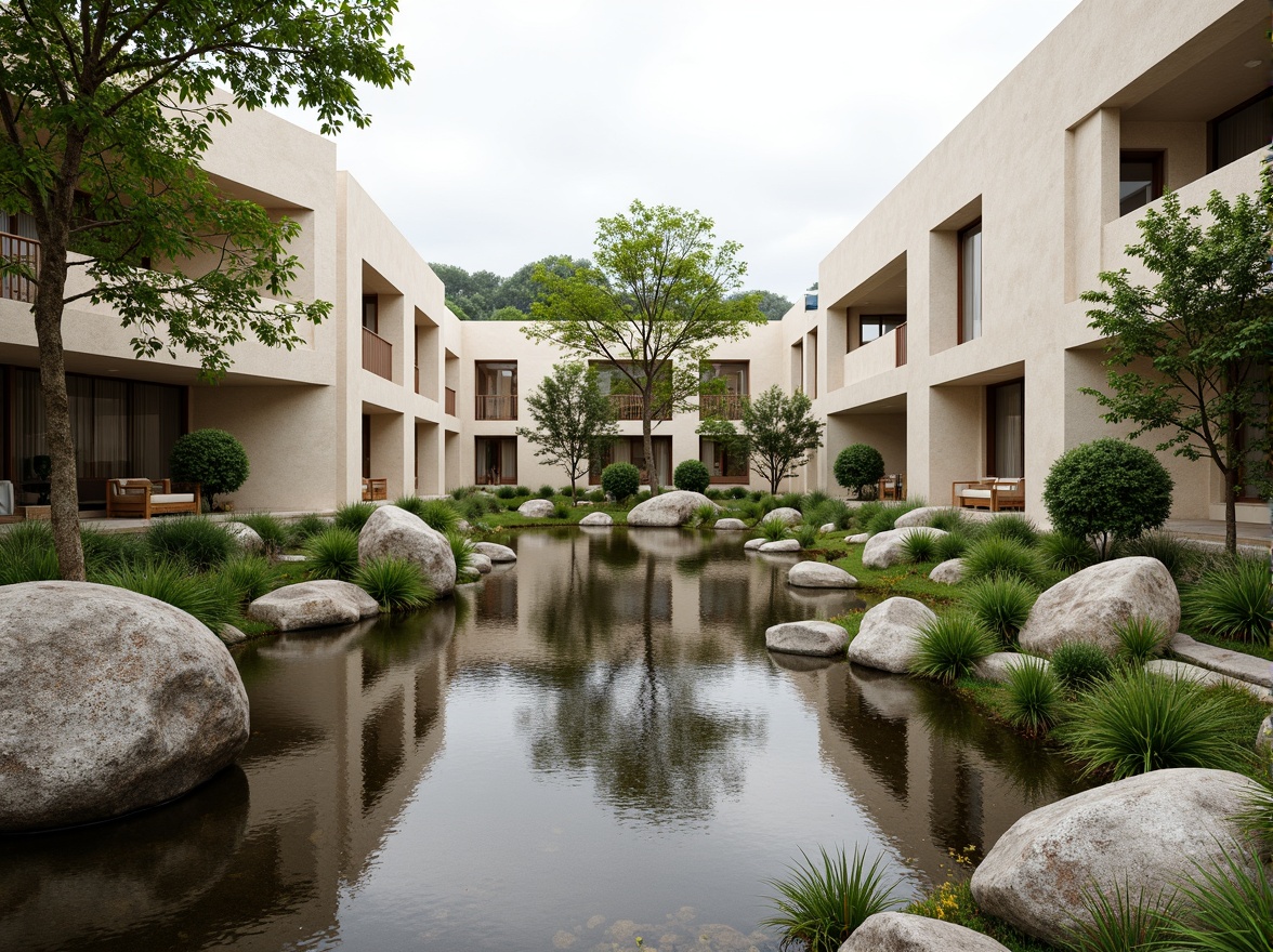 Prompt: Riverbank setting, calm water flow, lush green vegetation, limestone rocks, minimalist architecture, clean lines, simple forms, natural materials, open spaces, spacious courtyards, serene atmosphere, warm beige tones, subtle texture variations, soft diffused lighting, shallow depth of field, 1/1 composition, panoramic view, realistic reflections, ambient occlusion.