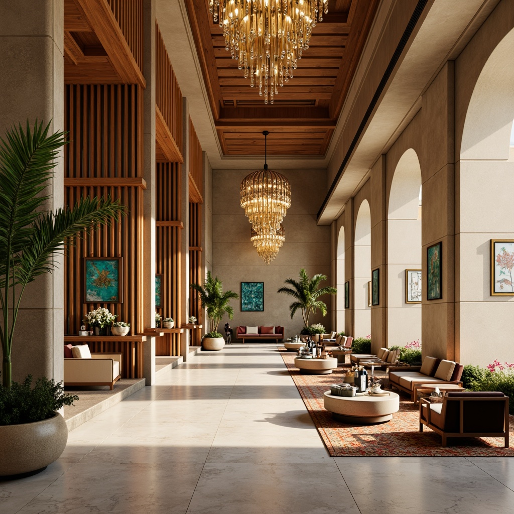 Prompt: Luxurious hotel lobby, rich wood accents, warm golden lighting, plush velvet furniture, elegant marble floors, sophisticated modern chandeliers, neutral beige walls, vibrant turquoise decorative accents, tropical leaf patterns, exotic floral arrangements, refreshing citrus scents, soft creamy textures, shallow depth of field, 1/1 composition, naturalistic render style, realistic ambient occlusion.