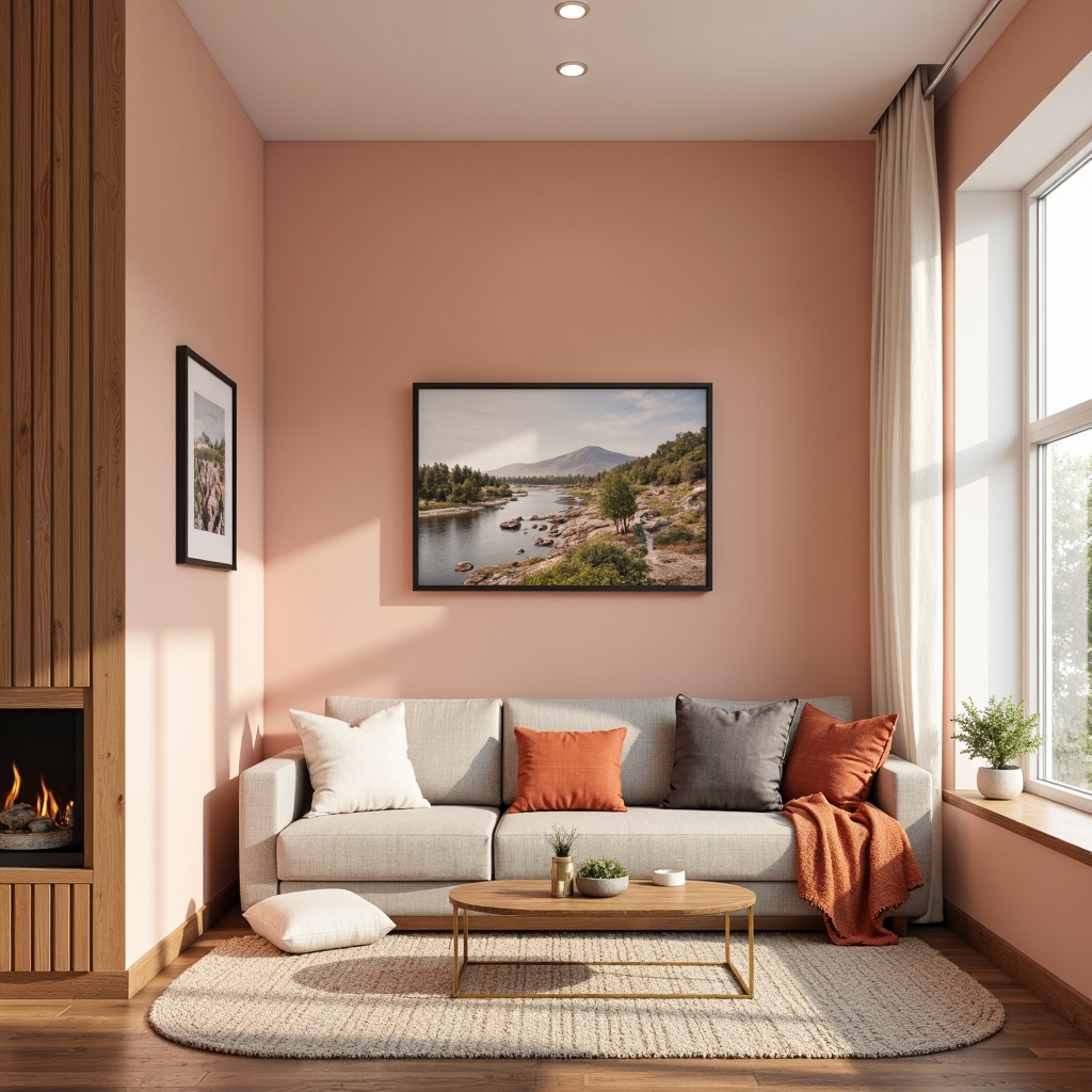 Prompt: Vibrant color palette, pastel hues, soft peach tones, creamy whites, rich charcoal grays, bold accent colors, earthy terracotta shades, metallic gold accents, natural wood textures, woven fabric patterns, minimalist design, Scandinavian-inspired aesthetic, cozy atmosphere, warm lighting, shallow depth of field, 1/1 composition, realistic renderings, ambient occlusion.