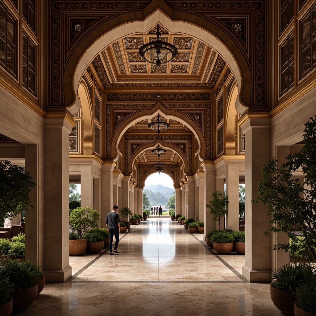 Prompt: Intricate ornamental arches, Moorish-inspired designs, grand entranceways, elegant curves, luxurious materials, marble columns, golden accents, ornate carvings, symmetrical compositions, rich textures, warm ambient lighting, dramatic shadows, 3/4 perspective, realistic reflections, atmospheric rendering.