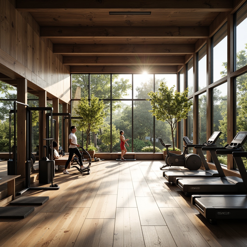 Prompt: Modern fitness club interior, large windows, natural light pouring in, wooden flooring, mirrored walls, state-of-the-art equipment, free weights, treadmills, stationary bikes, yoga mats, meditation areas, calm ambiance, soft warm lighting, 1/1 composition, realistic textures, ambient occlusion.