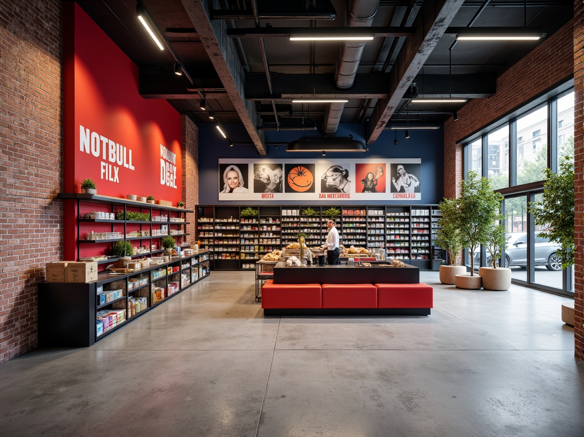 Prompt: Industrial chic grocery store, exposed brick walls, polished concrete floors, minimalist shelving units, metal beams, bold primary color scheme, vibrant red accents, deep blue tones, geometric typography, clean lines, functional simplicity, abundant natural light, modern urban atmosphere, bustling city sounds, morning sunlight, softbox lighting, 1/1 composition, realistic textures, ambient occlusion.