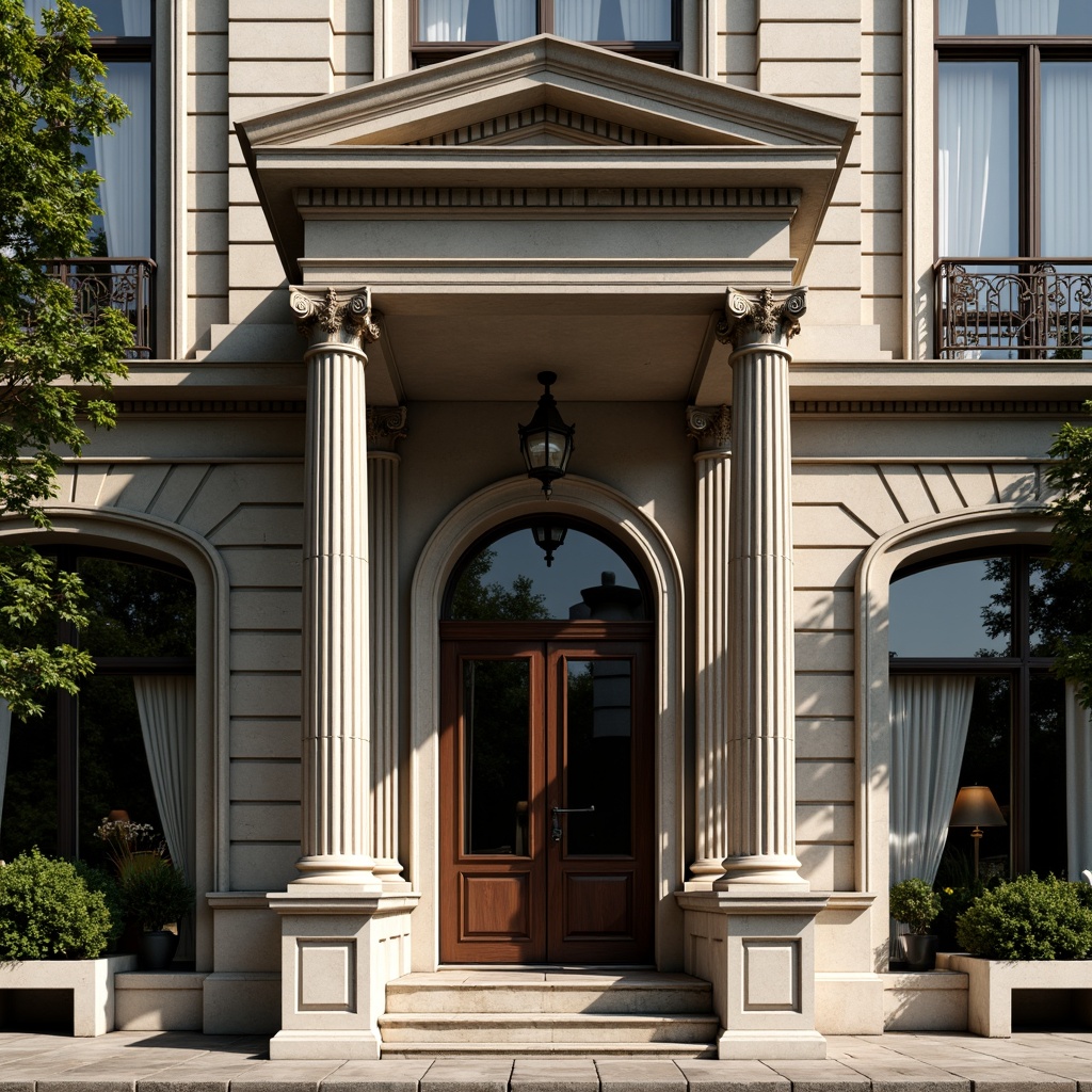 Prompt: Elegant neoclassical facade, ornate architraves, carved stone details, fluted columns, symmetrical composition, grand entrance, rusticated base, pedimented windows, ornamental cornices, classical pilasters, decorative frieze, refined molding, subtle color palette, natural stone materials, high-contrast lighting, dramatic shadows, precise perspective, 1/2 composition, realistic textures, ambient occlusion.