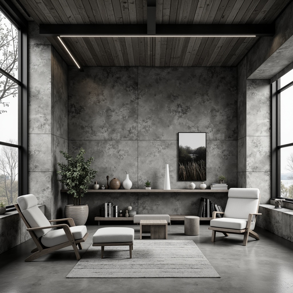 Prompt: Monochromatic interior, natural textures, reclaimed wood, industrial metal, concrete floors, minimalist furniture, simple lines, subtle patterns, matte finishes, soft diffused lighting, 1/1 composition, shallow depth of field, realistic renderings, ambient occlusion.