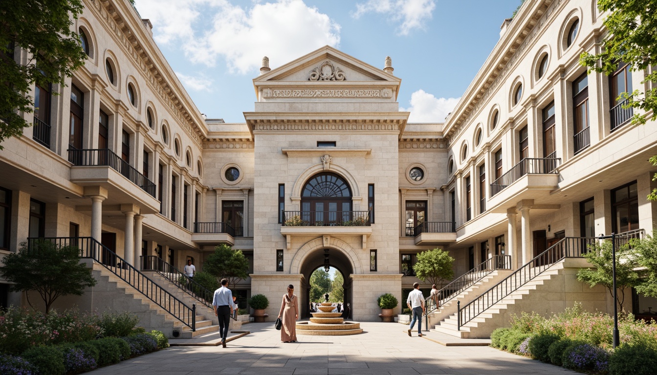 Prompt: Grandiose transportation hub, ornate facades, Corinthian columns, intricately carved stonework, majestic archways, symmetrical compositions, neutral color palette, golden accents, grand staircases, sweeping curves, vintage luggage carts, classic lamp posts, elegant signage, refined landscaping, mature trees, sunny day, soft warm lighting, shallow depth of field, 1/1 composition, realistic textures, ambient occlusion.