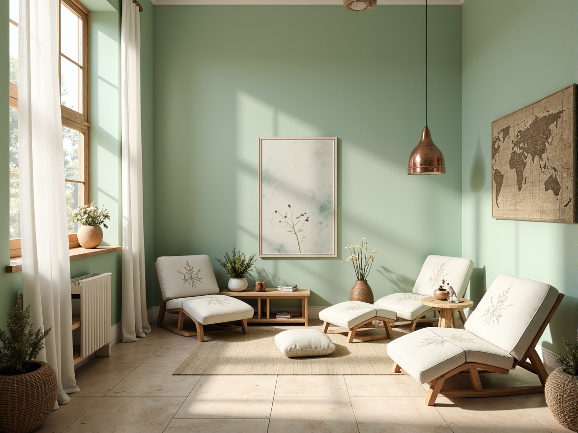 Prompt: Soft mint walls, creamy ivory accents, weathered wood textures, pale sage furniture, delicate botanical patterns, gentle morning light, warm beige floors, subtle linen draping, natural woven fibers, earthy terracotta pots, whimsical copper details, serene atmosphere, shallow depth of field, 1/2 composition, realistic renderings, ambient occlusion.