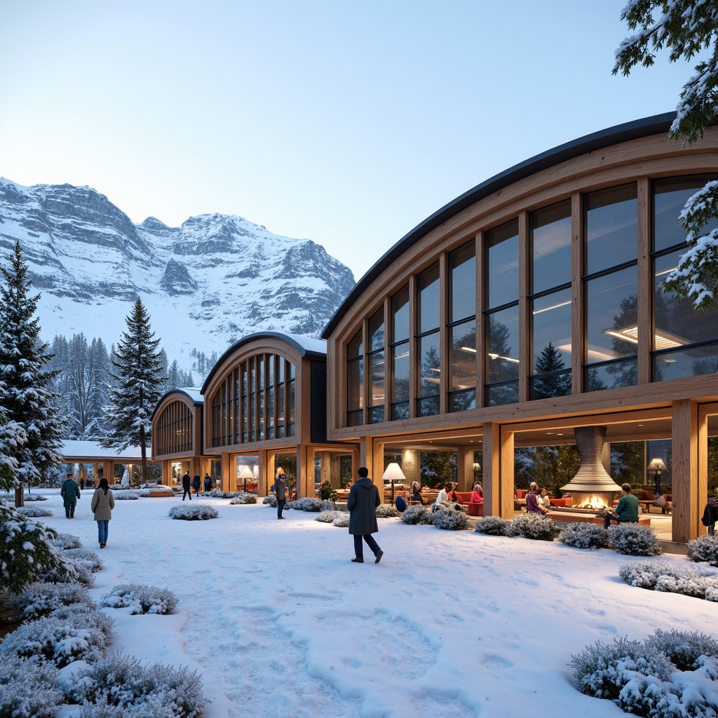 Prompt: Snow-capped mountains, frosty air, sleek modern ski center, curved wooden beams, floor-to-ceiling windows, minimalist interior design, sustainable materials, recycled metal fa\u00e7ade, low-carbon footprint, energy-efficient systems, solar panels, green roofs, thermal insulation, warm ambiance, cozy fireplaces, comfortable lounge areas, rustic wood accents, vibrant colorful textiles, futuristic ski lifts, snowy outdoor spaces, misty mornings, soft natural lighting, shallow depth of field, 1/1 composition, realistic textures, ambient occlusion.