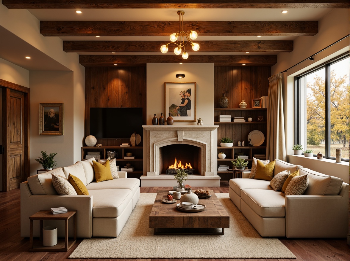 Prompt: Cozy living room, warm beige walls, rich walnut wood accents, plush velvet sofas, golden lighting fixtures, earthy terracotta flooring, soft creamy carpets, natural stone fireplace, crackling flames, autumnal leaves, sunset-inspired hues, inviting atmosphere, comfortable textiles, rustic wooden furniture, warm neutral tones, soothing ambient lighting, shallow depth of field, 2/3 composition, realistic textures.