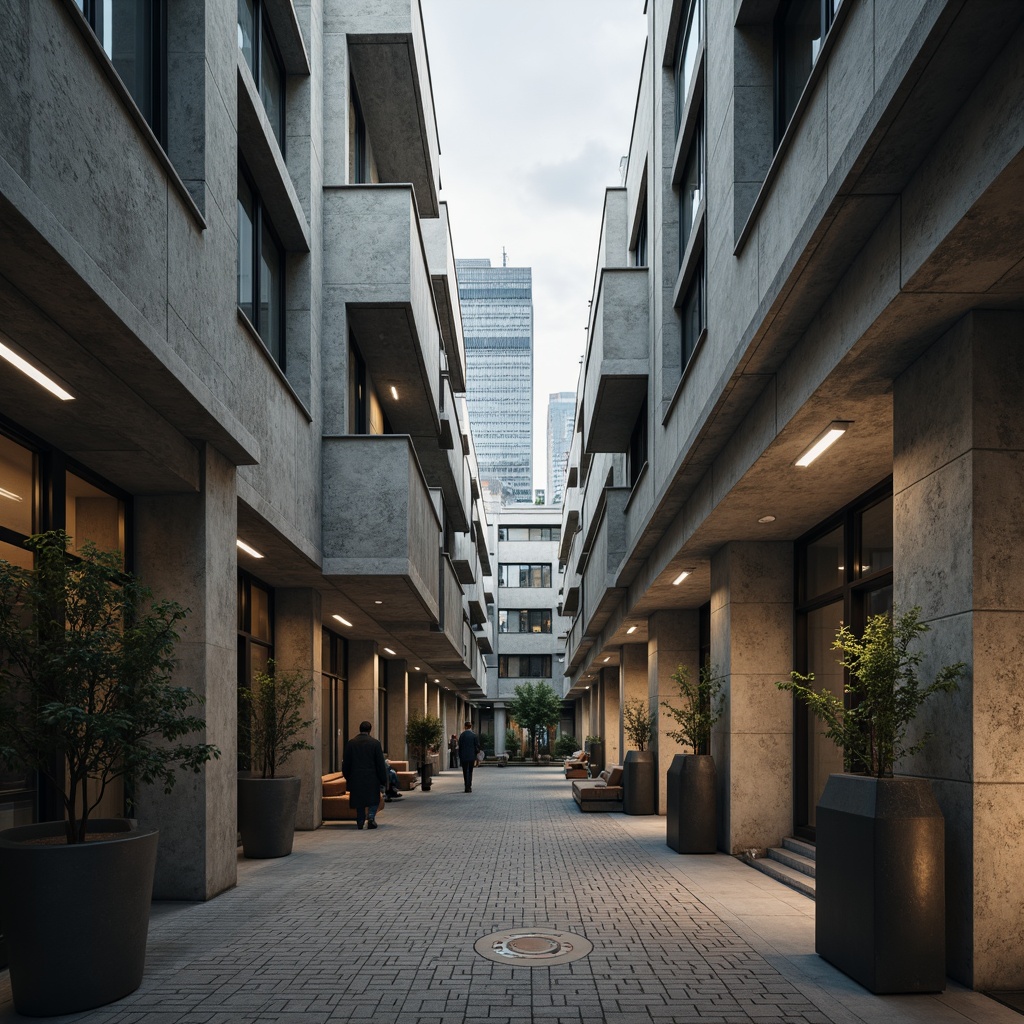 Prompt: Industrial-style courtyards, brutalist architecture, raw concrete textures, minimalist lighting fixtures, exposed ductwork, functional design, neutral color palette, abundant natural light, clerestory windows, skylights, soft diffused light, 1/1 composition, realistic shadowing, high-contrast ratios, dramatic spotlighting, accent lighting on architectural features, geometric patterns on floors and walls, bold typography, urban cityscape backdrop, overcast skies, moody atmospheric lighting.