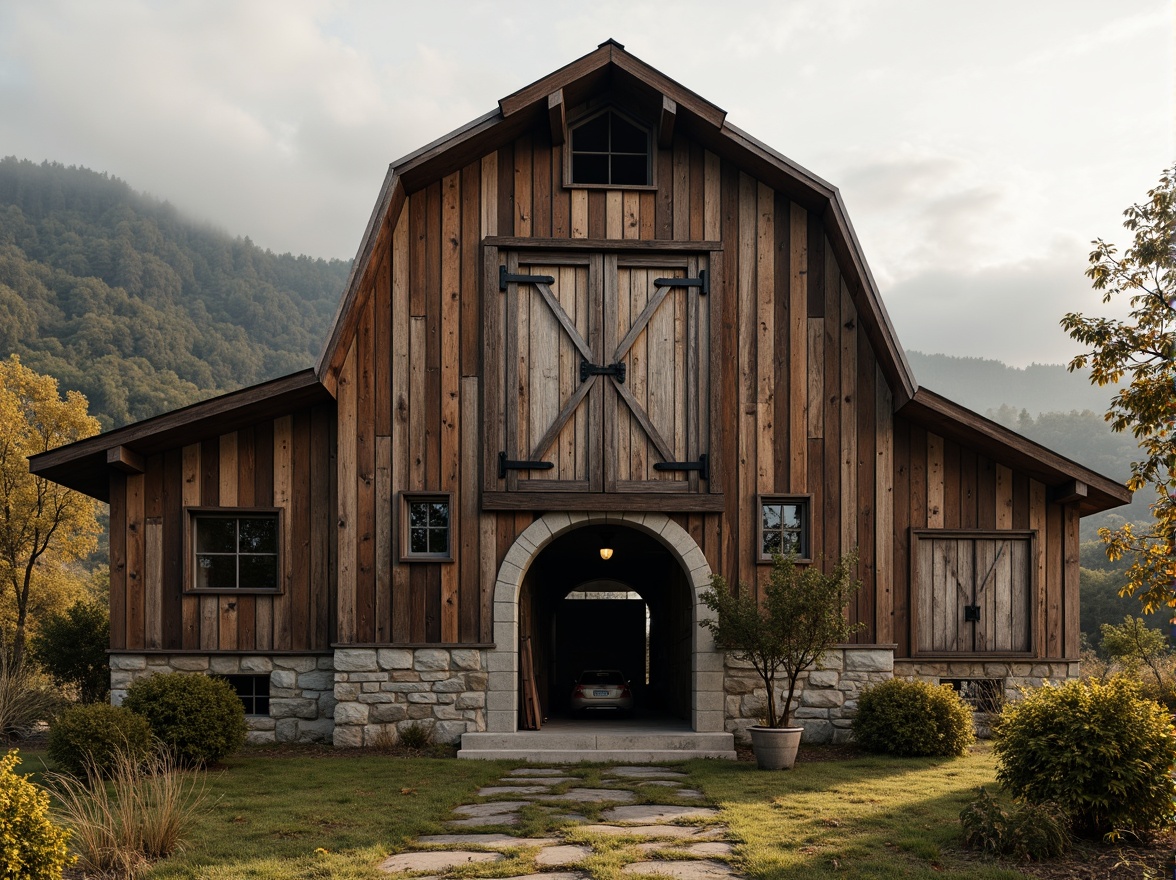 Prompt: Rustic barn, wooden planks, distressed finishes, earthy tones, natural stone foundations, vintage metal roofs, ornate wooden doors, rusty hinges, weathered wood sidings, moss-covered walls, overgrown vegetation, rural landscape, rolling hills, misty morning, warm soft lighting, shallow depth of field, 1/1 composition, realistic textures, ambient occlusion.