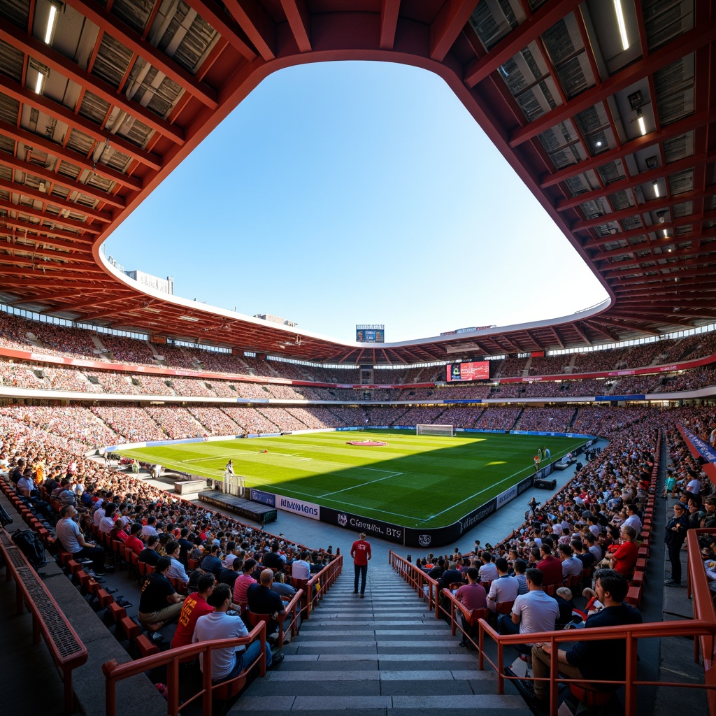 Prompt: Vibrant soccer stadium, eclectic architecture, asymmetrical seating arrangement, bold color scheme, dynamic lighting system, irregularly shaped bleachers, staircases with metal railings, concrete flooring, modern scoreboards, electronic advertisements, lively crowd atmosphere, sunny day, warm natural light, shallow depth of field, 3/4 composition, panoramic view, realistic textures, ambient occlusion.