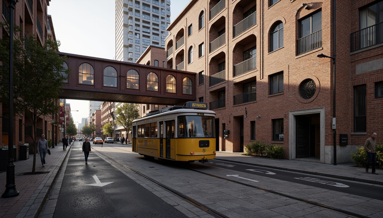 Prompt: Rustic tram station, industrial architecture, brick facade, stone walls, arched windows, metal roofing, urban landscape, busy streets, morning commute, natural light, warm ambient lighting, shallow depth of field, 2/3 composition, detailed textures, realistic materials, subtle color grading, atmospheric perspective.