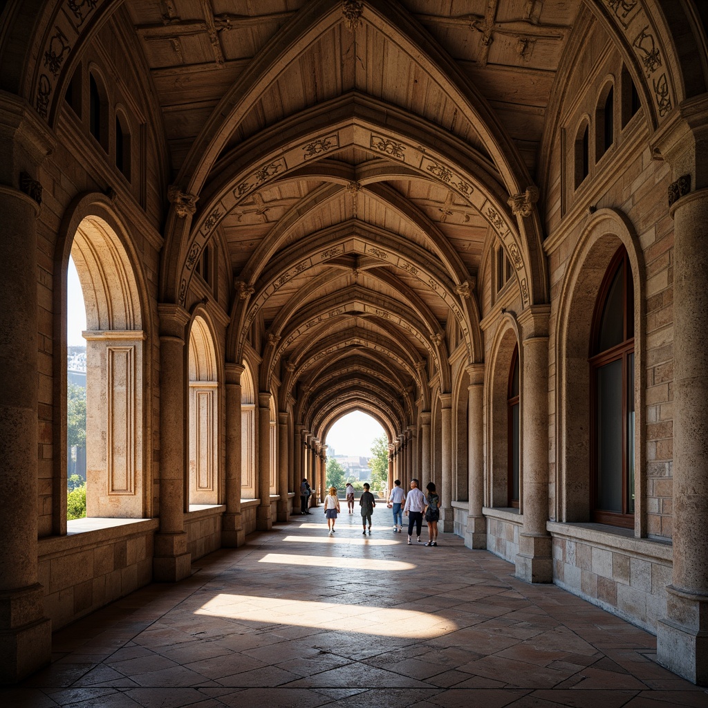 Prompt: Intricate stone carvings, ornate archways, grandiose vaulted ceilings, robust columns, rounded towers, rustic stonework, weathered brick facades, ornamental capitals, foliate patterns, floral motifs, curved lines, soft warm lighting, dramatic shadows, high contrast, 1/1 composition, symmetrical framing, rich textures, ambient occlusion, vivid color palette.