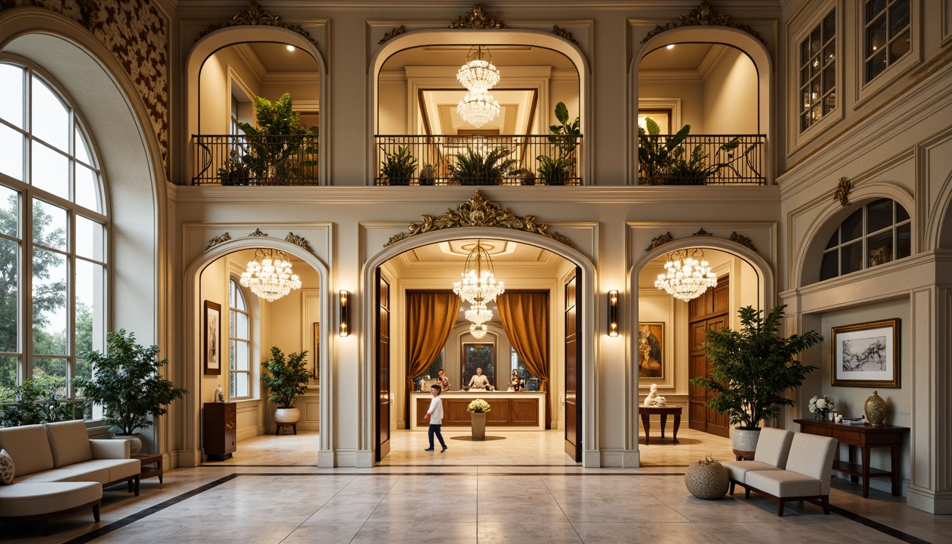 Prompt: Ornate dental clinic facade, golden ornamental details, grandiose entrance, curved balconies, intricately carved stonework, soft creamy color palette, richly textured marble, gleaming metallic accents, lavish chandeliers, opulent furnishings, high-contrast lighting, dramatic shadows, 1/2 composition, shallow depth of field, cinematic atmosphere, realistic reflections.