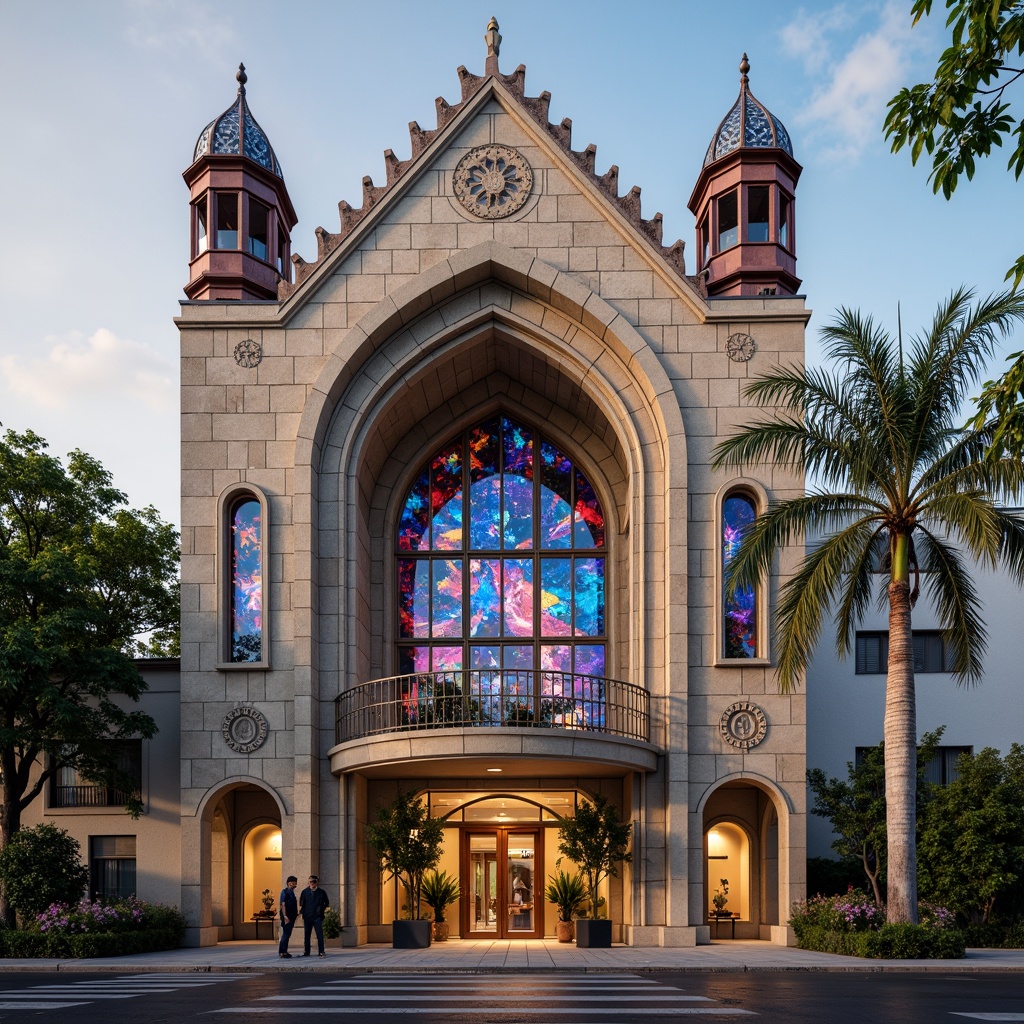 Prompt: Ornate church facade, grandiose mosque entrance, vibrant stained glass windows, intricate stone carvings, ornamental domes, postmodernist architecture, deconstructivist forms, irregular shapes, bold color schemes, juxtaposed materials, contrasting textures, abstract patterns, geometric motifs, asymmetrical composition, dramatic lighting effects, warm golden hour, shallow depth of field, 1/2 composition, realistic rendering, ambient occlusion.