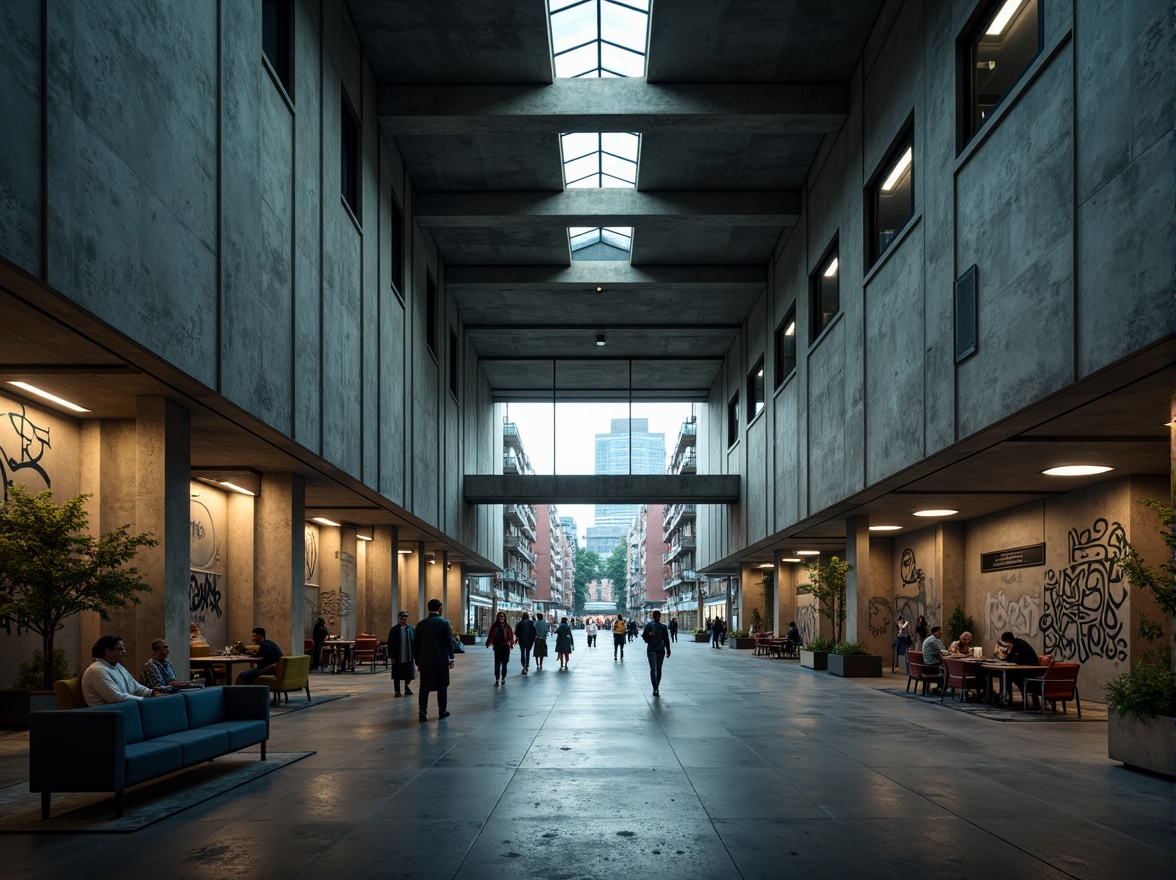 Prompt: Raw concrete walls, exposed ductwork, industrial-style lighting, brutalist architecture, angular shapes, rugged textures, urban atmosphere, busy transit hub, modern cityscape, natural light pouring through skylights, minimalist furniture, functional design, steel beams, cold tone color palette, dramatic shadows, high ceilings, open spaces, urban decay, graffiti-adorned walls, dimly lit corridors, futuristic ambiance, moody lighting, cinematic composition, shallow depth of field.