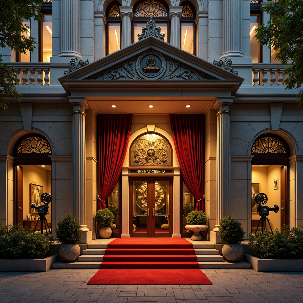 Prompt: Grand cinema building facade, ornate academic style architecture, classical columns, intricate stone carvings, arched windows, bronze door handles, symmetrical composition, warm golden lighting, shallow depth of field, 1/1 aspect ratio, cinematic camera angles, dramatic shadows, richly textured stonework, elegant entrance canopy, ornamental roof details, vibrant red carpet, luxurious velvet curtains, vintage film cameras, old-fashioned movie projectors, nostalgic cinematic ambiance.