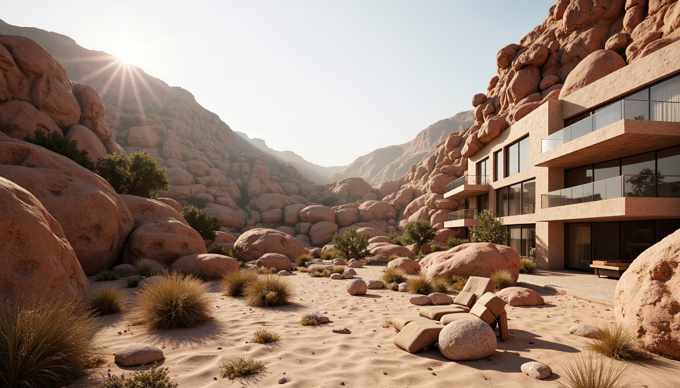 Prompt: Rugged canyon landscape, rocky formations, sandy terrain, vast open spaces, modern canyon architecture, curved building facades, earthy color schemes, natural stone cladding, wooden accents, minimalist design, cantilevered balconies, expansive windows, sliding glass doors, panoramic views, warm sunny day, soft diffused lighting, atmospheric perspective, 1/2 composition, detailed textures, ambient occlusion.