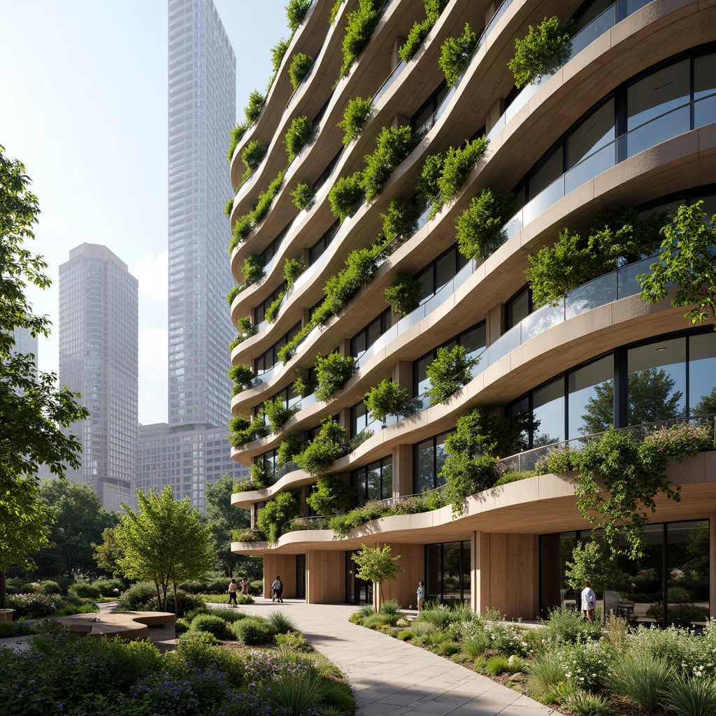 Prompt: Eco-friendly skyscraper, organic curves, green roofs, living walls, lush vegetation, natural ventilation, solar panels, wind turbines, rainwater harvesting, grey water reuse, recycled materials, low-carbon footprint, energy-efficient systems, floor-to-ceiling windows, panoramic views, minimalist interior design, reclaimed wood accents, soft warm lighting, shallow depth of field, 1/1 composition, realistic textures, ambient occlusion.