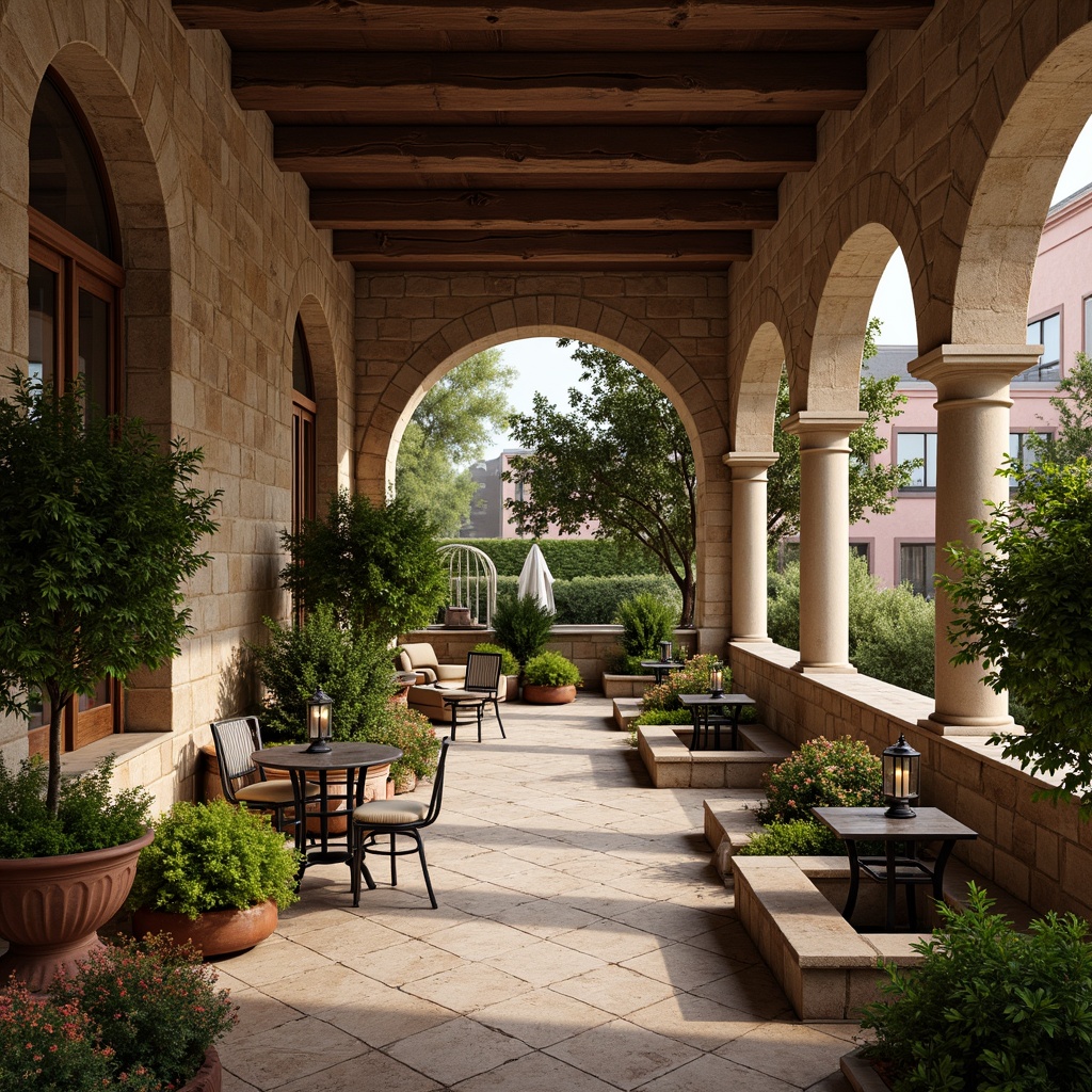 Prompt: Rustic coffee shop, Romanesque arches, natural stone walls, lush greenery, vibrant flowers, meandering pathways, ornate fountains, decorative lanterns, wooden benches, wrought iron tables, warm earthy tones, soft warm lighting, shallow depth of field, 3/4 composition, panoramic view, realistic textures, ambient occlusion.