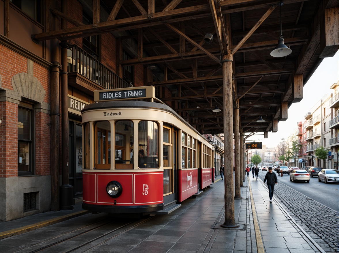 Prompt: Rustic tram station, brick fa\u00e7ade, ornate stonework, industrial architecture, steel beams, reinforced concrete, urban landscape, busy street scene, morning commute, soft natural lighting, shallow depth of field, 1/1 composition, realistic textures, ambient occlusion, masonry details, stone carvings, arches, columns, vaulted ceilings.