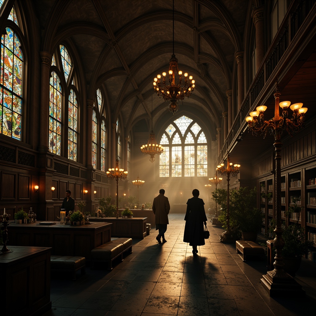 Prompt: Dark academia atmosphere, ornate chandeliers, stained glass windows, vaulted ceilings, grand archways, dramatic shadowing, warm golden lighting, mysterious ambiance, rich wood paneling, intricate stone carvings, luxurious fabrics, mystical artifacts, dimly lit corridors, atmospheric fog, cinematic composition, high contrast ratio, narrow depth of field, 2/3 framing, ornate metalwork, mysterious silhouettes.