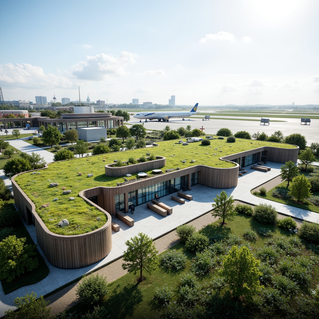 Prompt: Airport terminal, lush green roofs, native plant species, rainwater harvesting systems, solar panels, wind turbines, recycled materials, energy-efficient LED lighting, natural ventilation, large windows, minimalist design, eco-friendly furniture, bamboo flooring, living walls, urban agriculture, aerodynamic architecture, curved lines, futuristic style, panoramic views, soft natural light, shallow depth of field, 3/4 composition.