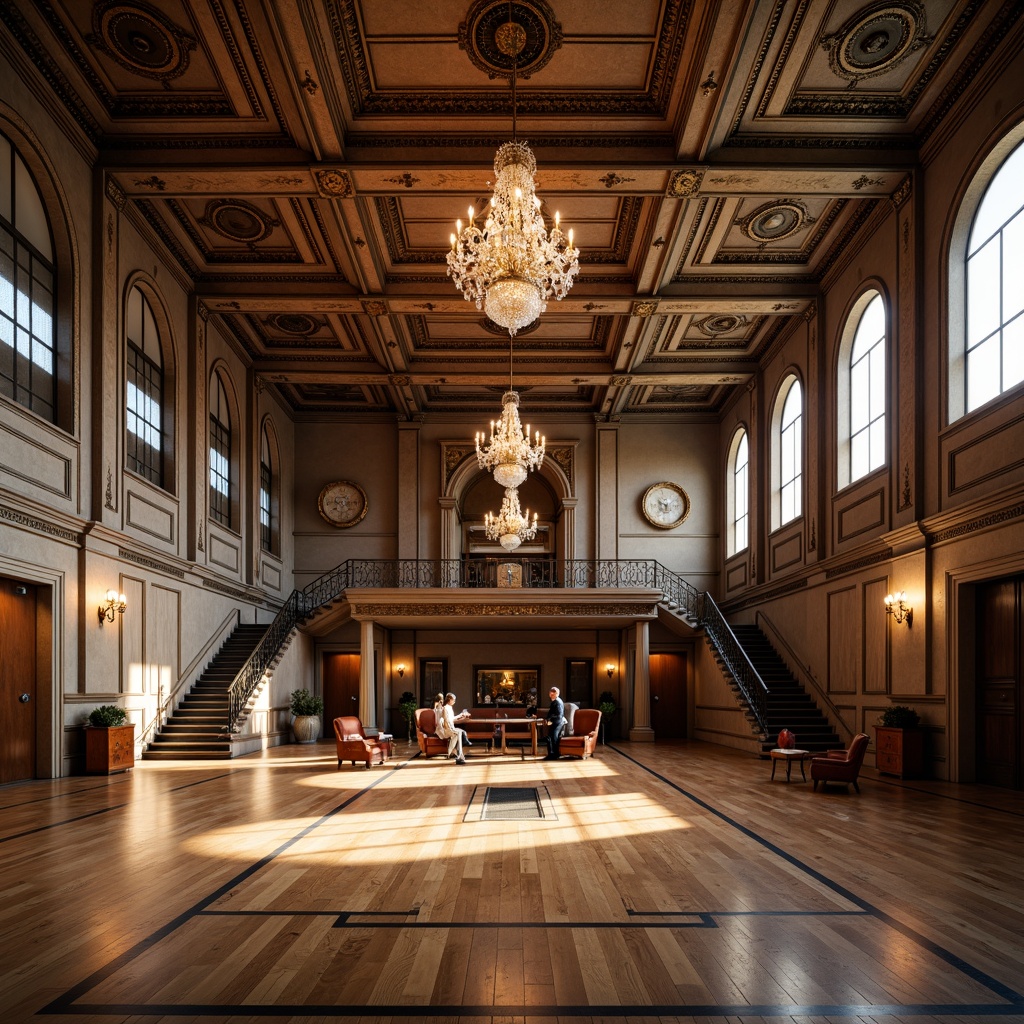 Prompt: Luxurious gymnasium interior, ornate chandeliers, polished wooden floors, decorative ironwork, grand staircase, intricate moldings, arched windows, high ceilings, lavish furnishings, regal color scheme, opulent textures, dramatic lighting, 1/1 composition, low-angle shot, warm atmospheric glow, subtle depth of field, realistic reflections, ambient occlusion.