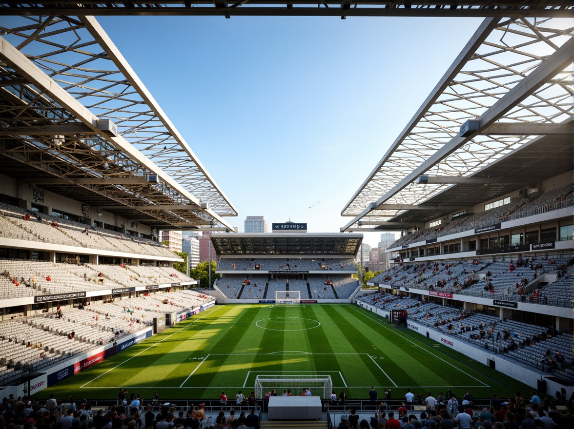 Prompt: Modern football stadium architecture, sleek metal beams, reinforced concrete structures, durable steel frames, translucent polycarbonate roofs, vibrant LED lighting systems, green grass pitches, rubber athletic tracks, spectator seating areas, VIP luxury suites, open-air concourses, natural stone fa\u00e7ades, glazed curtain walls, cantilevered canopies, dynamic angular lines, futuristic design elements, urban cityscape backgrounds, clear blue skies, warm sunny days, shallow depth of field, 1/2 composition, realistic textures, ambient occlusion.