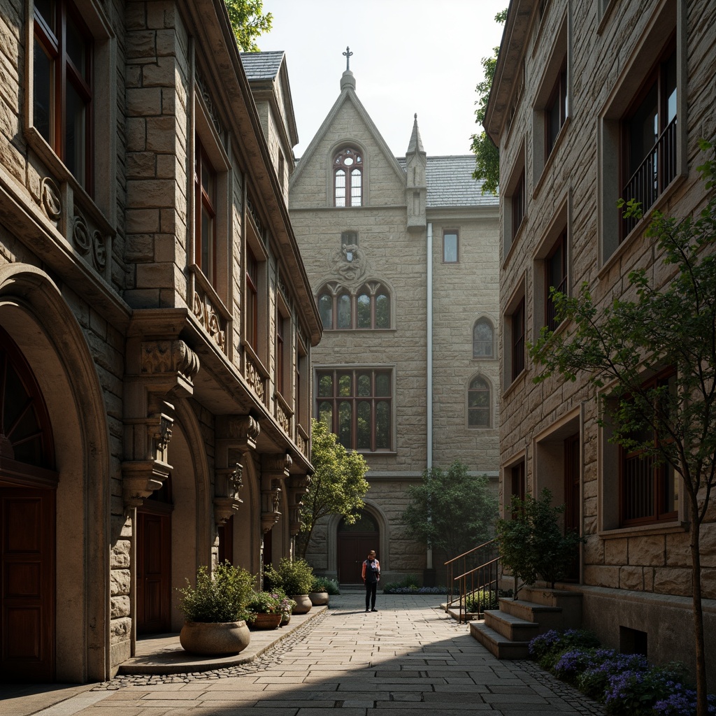 Prompt: Rustic university campus, Gothic architecture, stone buildings, intricately carved facades, pointed arches, ribbed vaults, grand entrance halls, ornate stone columns, weathered stone walls, moss-covered roofs, mysterious atmosphere, soft warm lighting, shallow depth of field, 3/4 composition, dramatic shadows, realistic textures, ambient occlusion.