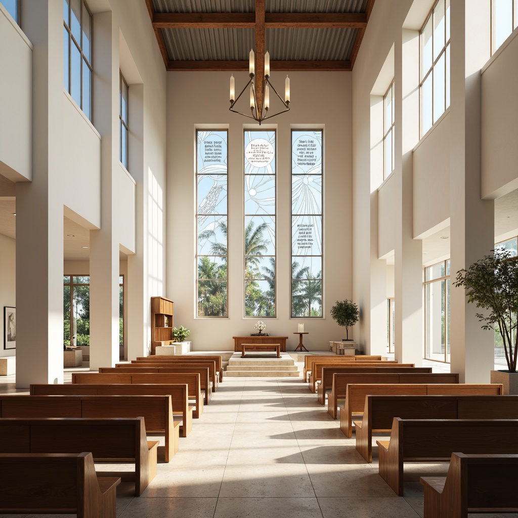 Prompt: \Sacred modern church, minimalist white walls, warm beige stone floors, stained glass windows, gentle natural light, subtle golden accents, sleek metal roofing, contemporary wooden pews, abstract spiritual patterns, calming blue tones, earthy brown hues, airy open spaces, dramatic vertical lines, inspirational quotes, soft warm lighting, high ceilings, peaceful ambiance, 1/1 composition, realistic textures, ambient occlusion.\