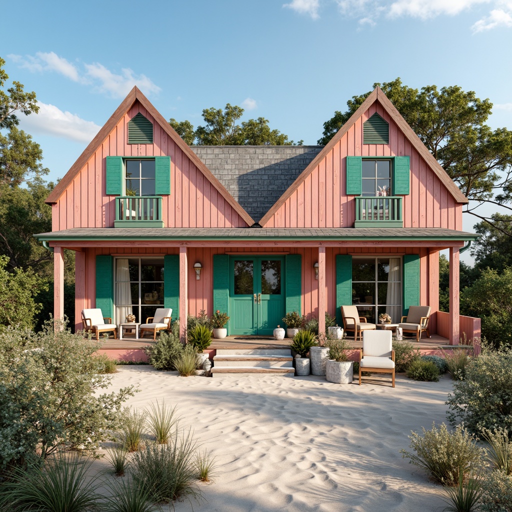 Prompt: Whimsical beachside cottage, distressed wood accents, vintage nautical decor, coral pink walls, seafoam green shutters, weathered copper roofs, driftwood grey floors, ocean-blue windows, sandy dunes, seashell wind chimes, seaside flora, sunny day, warm soft lighting, shallow depth of field, 3/4 composition, panoramic view, realistic textures, ambient occlusion.