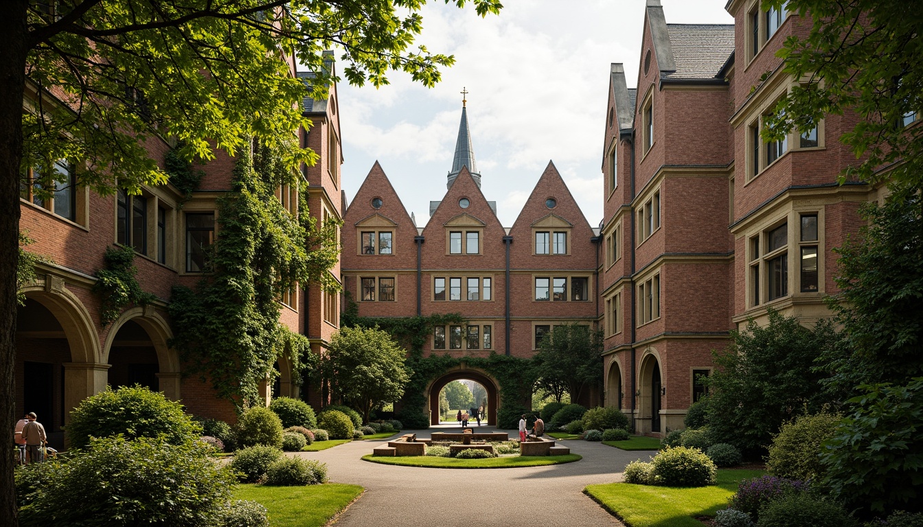 Prompt: Rustic university campus, lush greenery, ancient trees, Gothic Revival buildings, pointed arches, ribbed vaults, flying buttresses, stained glass windows, intricate stone carvings, weathered brick facades, ivy-covered walls, meandering pathways, ornate fountains, shaded courtyards, natural stone benches, warm afternoon lighting, soft focus, atmospheric perspective, 2/3 composition, symmetrical framing, vivid textures, ambient occlusion.