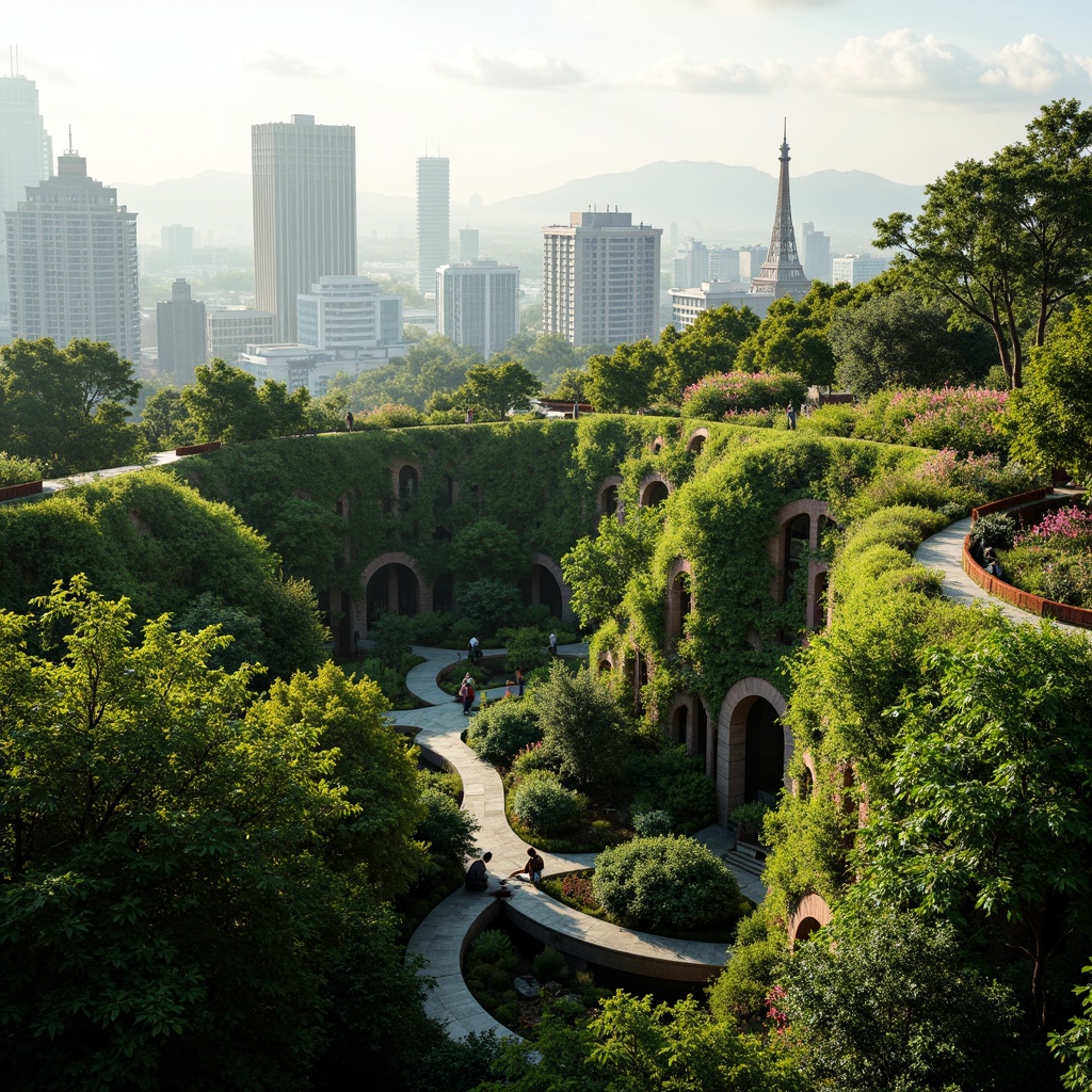 Prompt: Lush green rooftops, verdant walls, living trees, organic shapes, natural stone facades, curved lines, biomimetic design, futuristic skyscrapers, bustling cityscape, urban jungle, vibrant flowers, tropical plants, misty atmosphere, soft warm lighting, shallow depth of field, 1/2 composition, panoramic view, realistic textures, ambient occlusion.