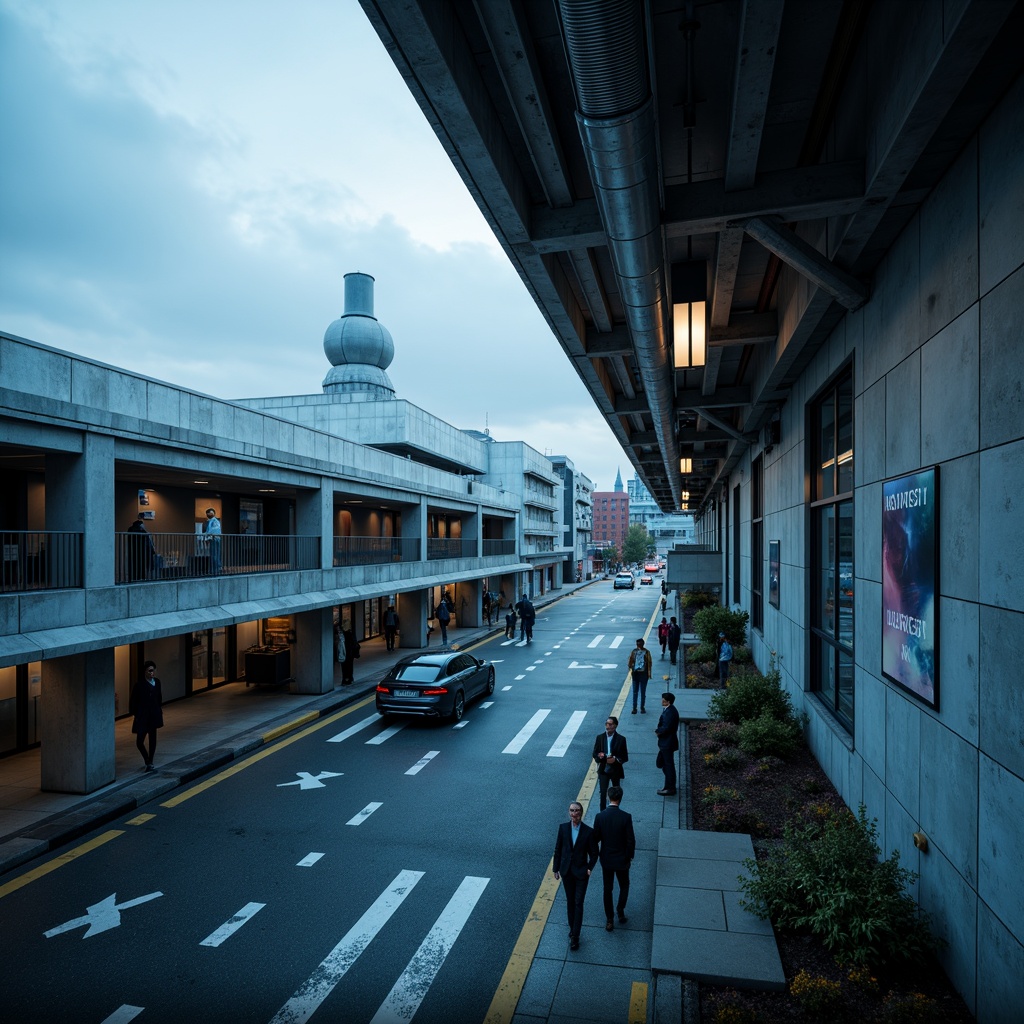 Prompt: Navy blue accents, industrial concrete structures, brutalist architecture, airport terminals, exposed ductwork, metallic beams, minimalist lighting, functional design, urban cityscape, overcast sky, dramatic shadows, high-contrast lighting, cinematic atmosphere, gritty textures, weathered steel, utilitarian aesthetic, functional simplicity, raw concrete walls, bold typography, futuristic vibe.