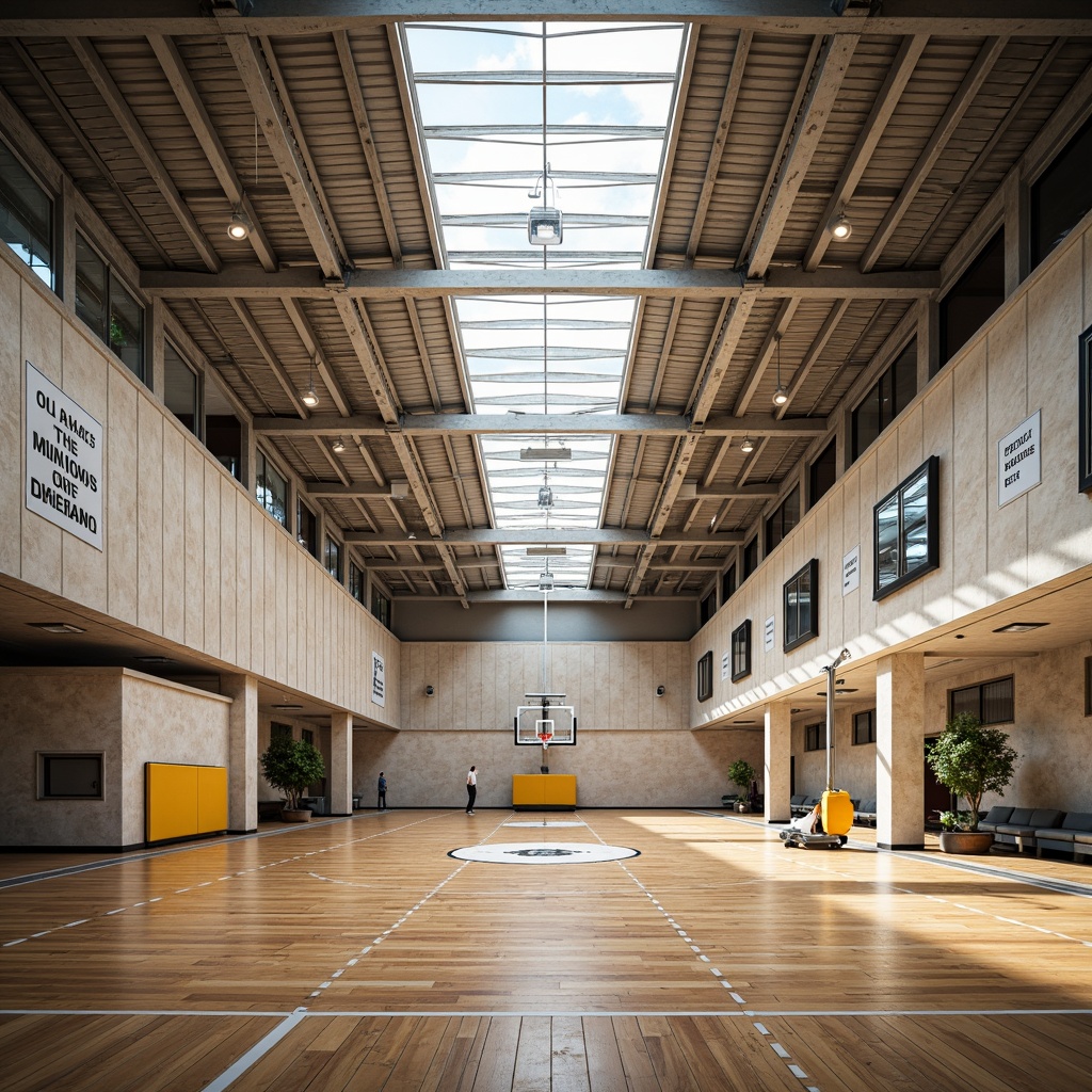 Prompt: Well-ventilated gymnasium, large skylights, clerestory windows, natural stone flooring, wooden basketball courts, metal beams, modern athletic equipment, inspirational quotes, motivational posters, bright color scheme, high ceilings, open spaces, abundant daylight, soft warm lighting, shallow depth of field, 3/4 composition, panoramic view, realistic textures, ambient occlusion.