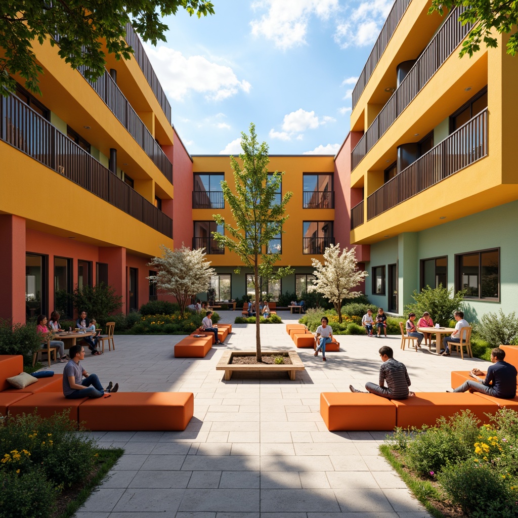 Prompt: Vibrant youth center, symmetrical architecture, bold color schemes, dynamic shapes, modern furniture, collaborative workspaces, educational facilities, recreational areas, natural stone flooring, wooden accents, minimalist decor, abundant daylight, soft warm lighting, shallow depth of field, 1/1 composition, central courtyard, surrounding greenery, blooming flowers, sunny day.