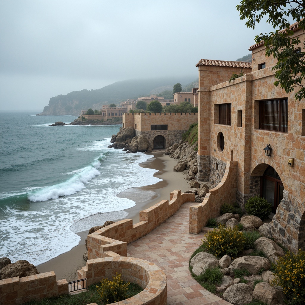 Prompt: Weathered coastal walls, rustic stone masonry, rugged sea defenses, wave-crashing shores, salty air, misty mornings, beachside promenades, driftwood accents, coral-inspired patterns, ocean-blue hues, rough-hewn textures, monumental arches, sturdy fortifications, curved seawalls, ornate balustrades, Mediterranean-style villas, seaside resorts, nautical-themed decorations, warm sandy beaches, gentle sea breezes, soft morning light, 1/2 composition, atmospheric perspective.