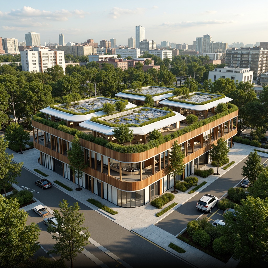 Prompt: Eco-friendly commercial building, green roofs, solar panels, rainwater harvesting system, recycled materials, low-carbon footprint, energy-efficient systems, natural ventilation, large windows, minimal shading devices, urban forestry, vibrant green walls, living roofs, renewable energy sources, wind turbines, geothermal heating, cooling systems, water conservation measures, grey water reuse, composting toilets, organic waste management, bamboo flooring, reclaimed wood accents, minimalist interior design, abundant natural light, soft warm lighting, shallow depth of field, 3/4 composition, panoramic view, realistic textures, ambient occlusion.