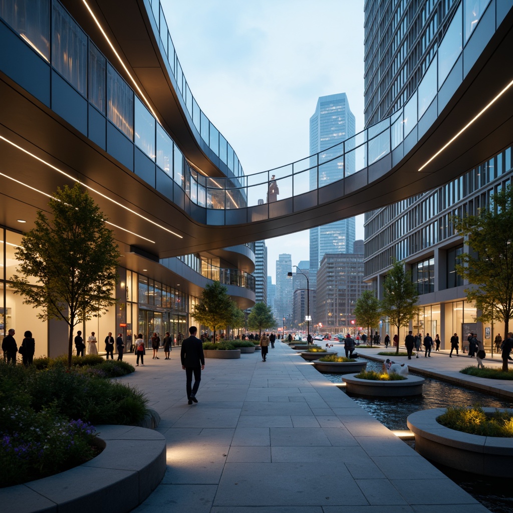 Prompt: Curved pedestrian bridge, sleek modern design, stainless steel railings, glass floors, LED lighting strips, urban cityscape, bustling streets, morning commute, soft warm glow, shallow depth of field, 1/2 composition, atmospheric perspective, misty atmosphere, blurred background, vibrant city lights, natural stone piers, greenery planters, flowing water features, dynamic architectural curves, futuristic urban planning, innovative structural systems, safety handrails, accessible ramps.