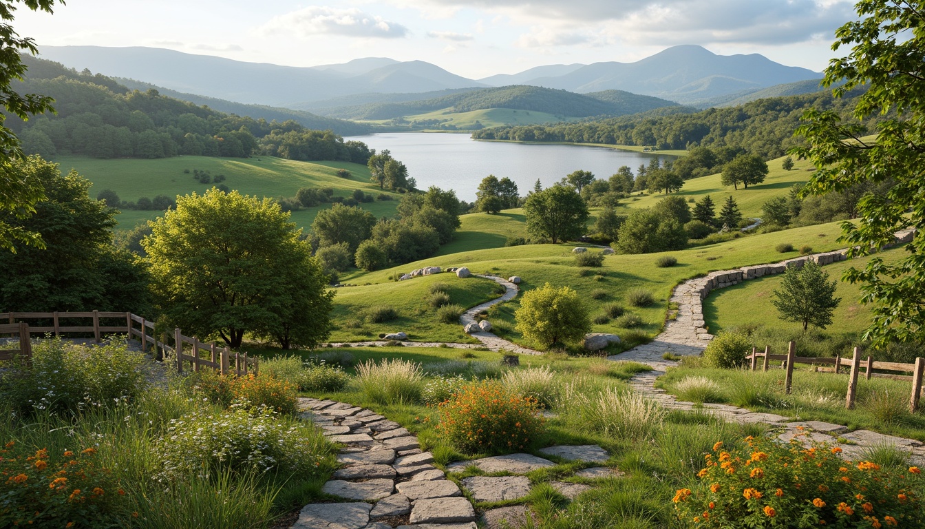 Prompt: Seamless landscape integration, rolling hills, lush greenery, winding pathways, rustic stone walls, wooden fences, serene lakeside, tranquil water features, vibrant flowers, native plants, organic shapes, natural textures, earthy tones, soft warm lighting, shallow depth of field, 3/4 composition, panoramic view, realistic renderings, ambient occlusion.