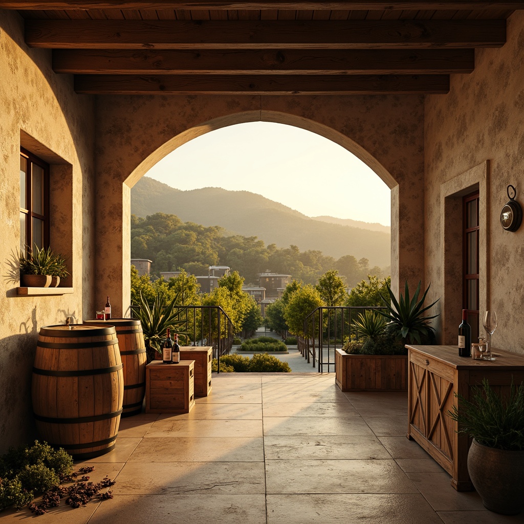 Prompt: Rustic winery, earthy tones, warm beige, rich wood accents, lush green vineyards, sun-kissed hills, vintage wine barrels, distressed wooden crates, elegant wine bottles, soft golden lighting, shallow depth of field, 2/3 composition, natural textures, ambient occlusion.