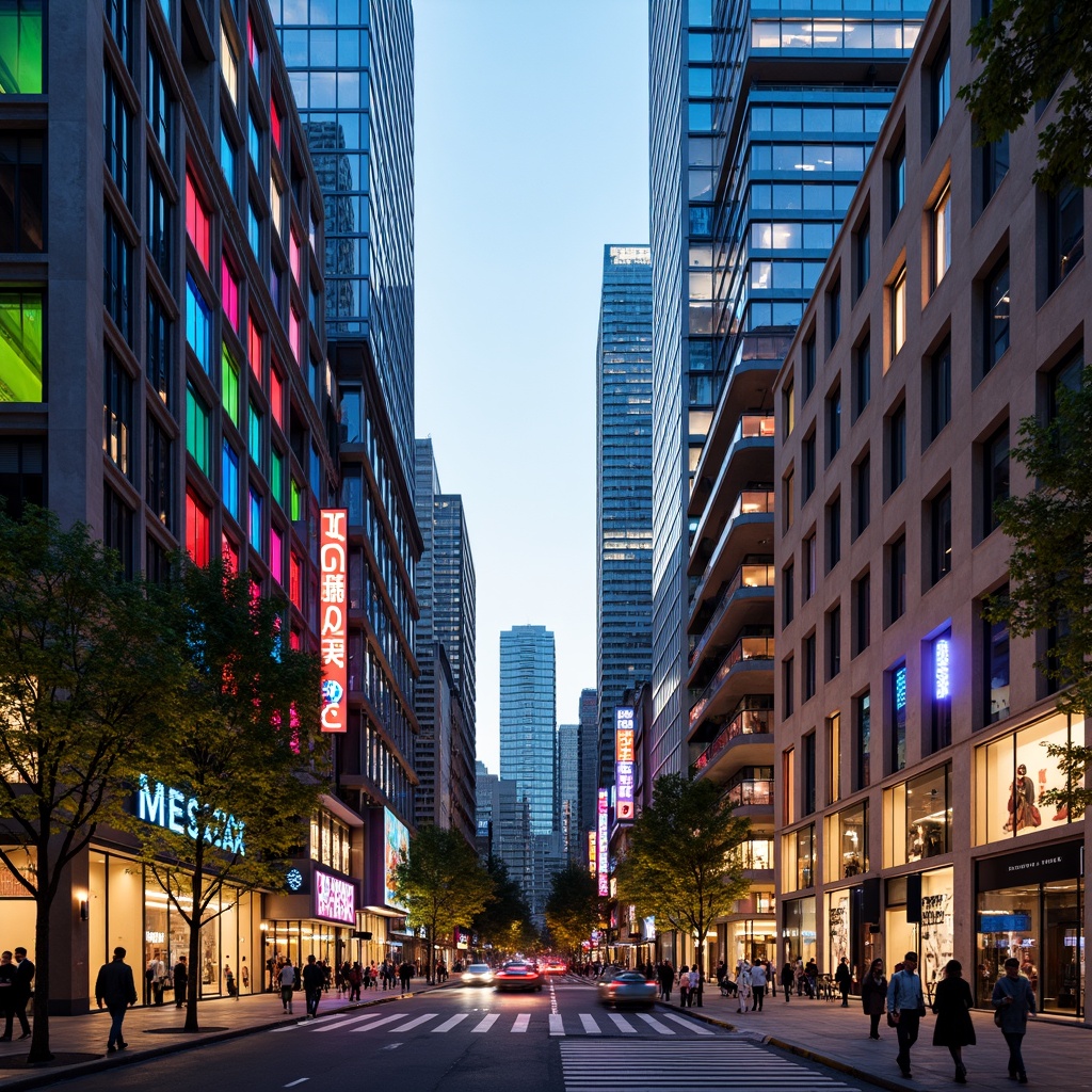 Prompt: Vibrant urban landscape, modern skyscrapers, bold color accents, contrasting facade materials, sleek glass towers, dynamic LED lighting, neon signs, eclectic street art, bustling city streets, pedestrian walkways, busy intersections, warm golden hour lighting, shallow depth of field, 1/2 composition, cinematic atmosphere, rich textures, detailed reflections.